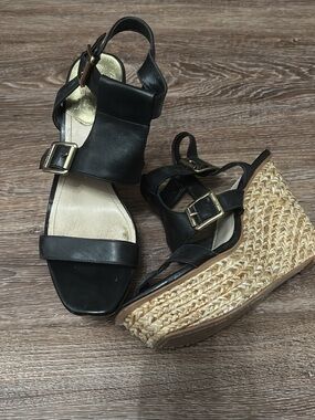 Vince Camuto Black Leather Wedge Sandals with Gold Buckles